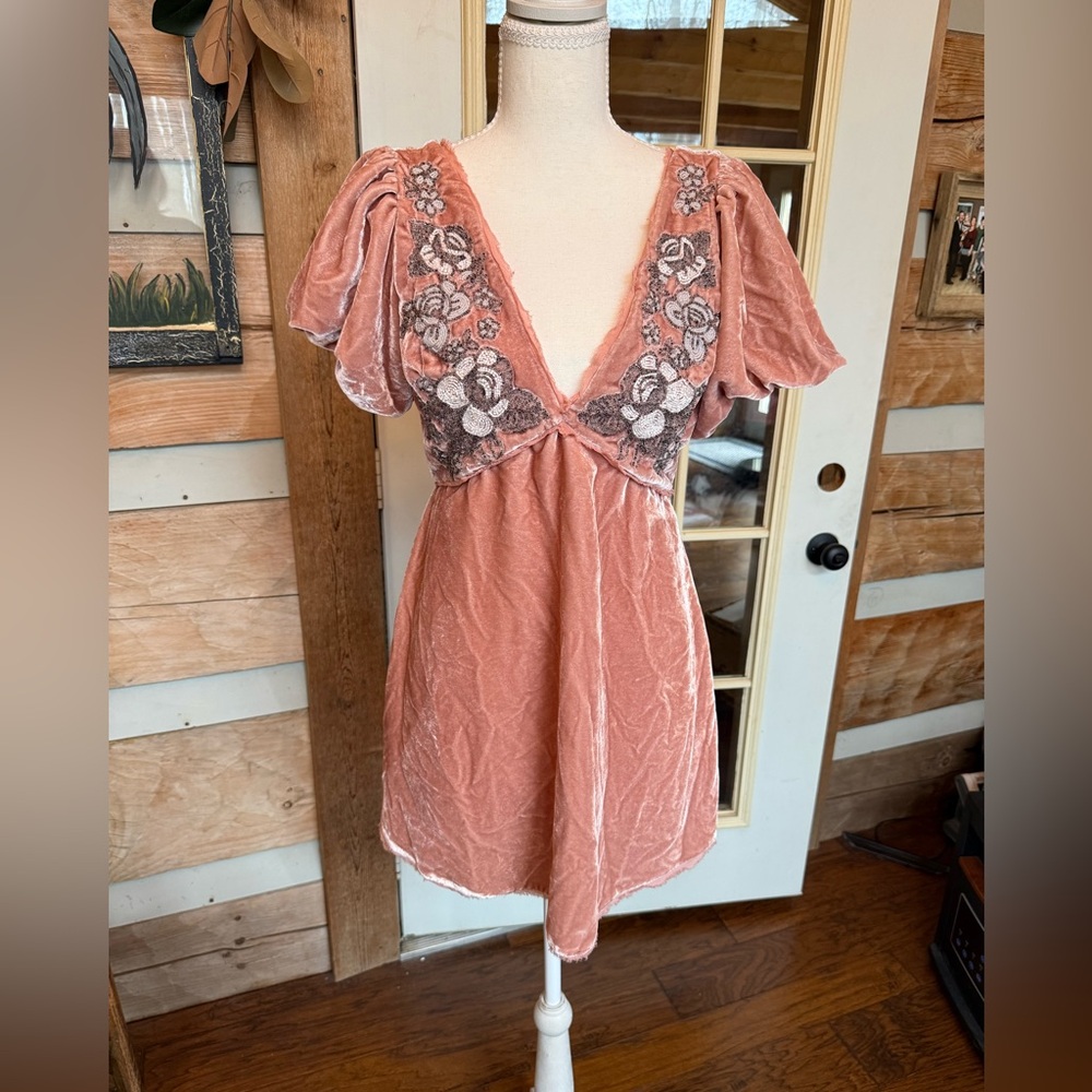 Free People Velvet Mini Dress in Dusty Rose with Floral Lace